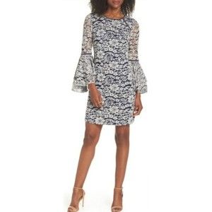 CHELSEA 28 Layla Blue White Floral Lace Dress Bell Sleeves Womens 0 Petite 0P